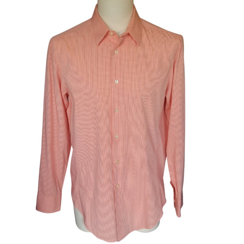 Calvin Klein SZ 15.5 Slim Fit Stretch Orange & White Check Men's Button Up Shirt